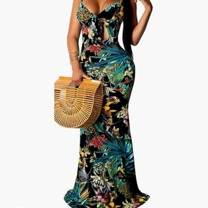 Women's Summer Floral Spaghetti Strap Maxi Dress Sexy V-Neck Beach Boho Tropic